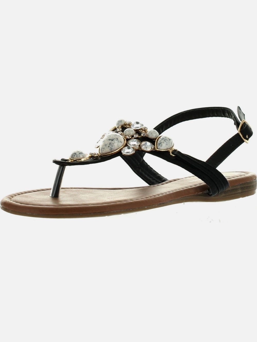 TOP Moda Black Jeweled Thong Sandal with Marbled Stones